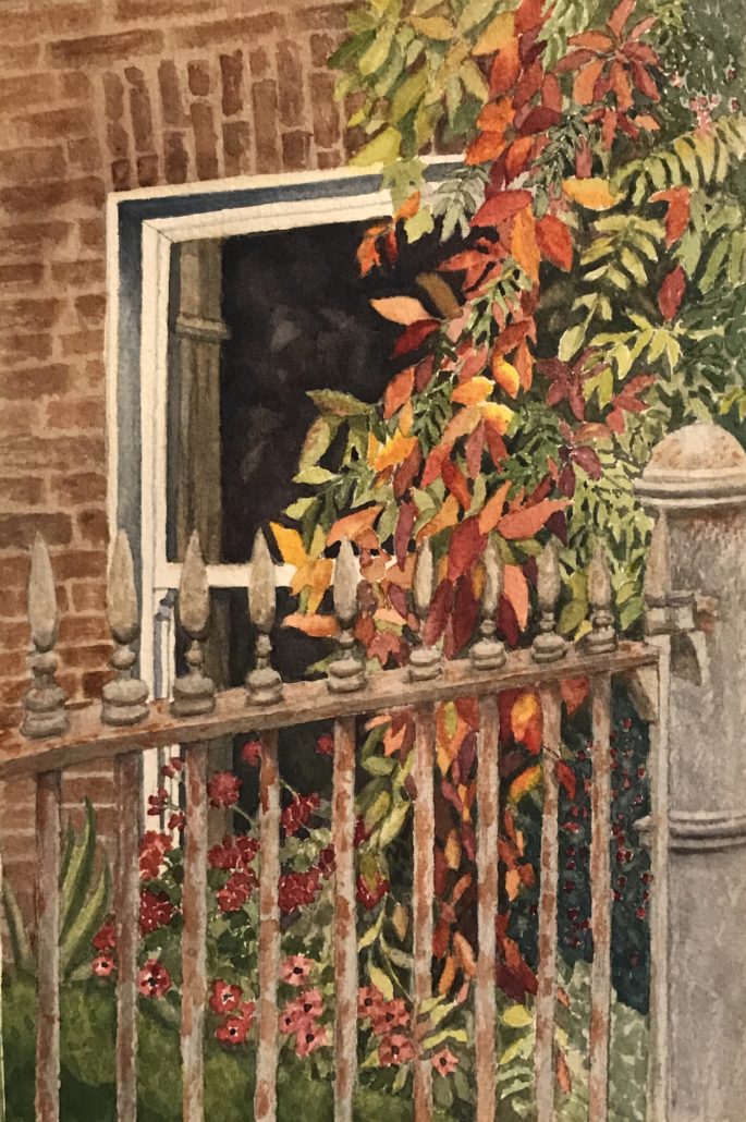 watercolor of autumn leaves and iron gate in Emyvale, Co. Monaghan Ireland